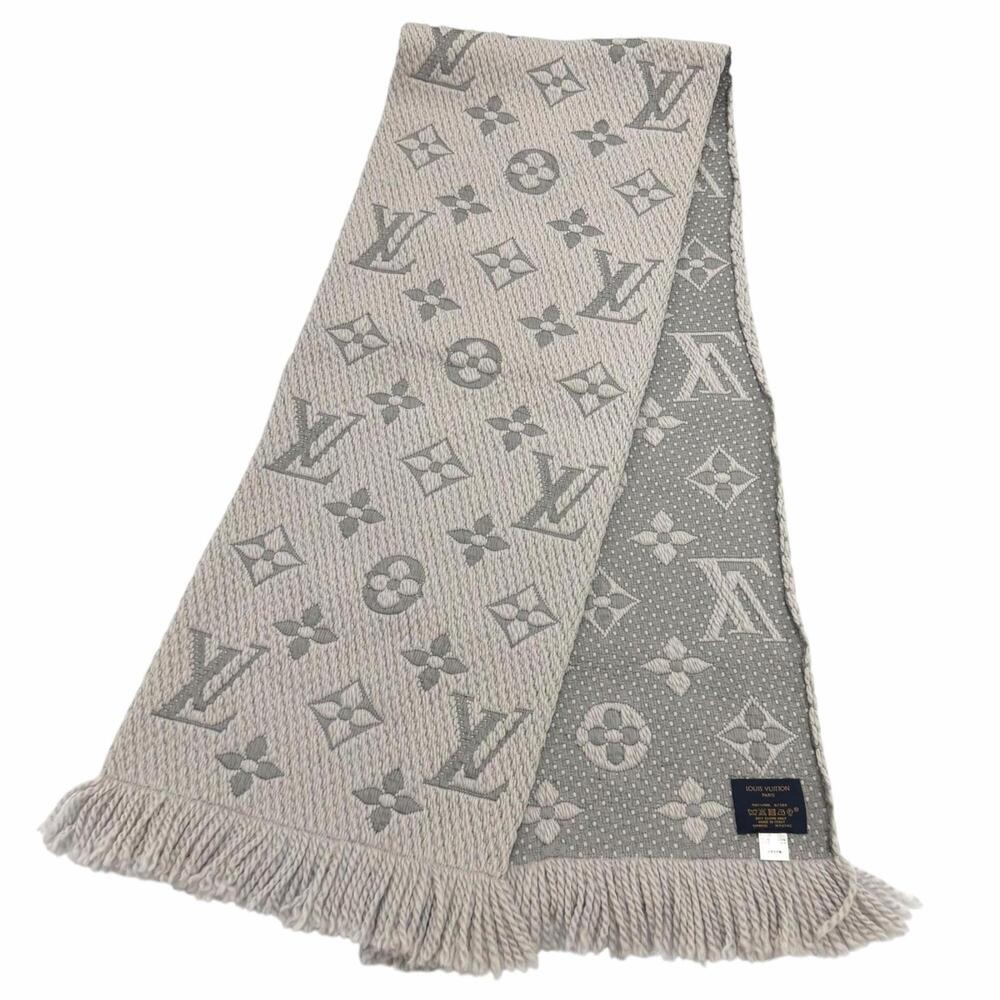 LOUIS VUITTON M74742 Echarpe Logomania Wool Silk Blend Gris Perle Fringe Stol... - Picture 3 of 7